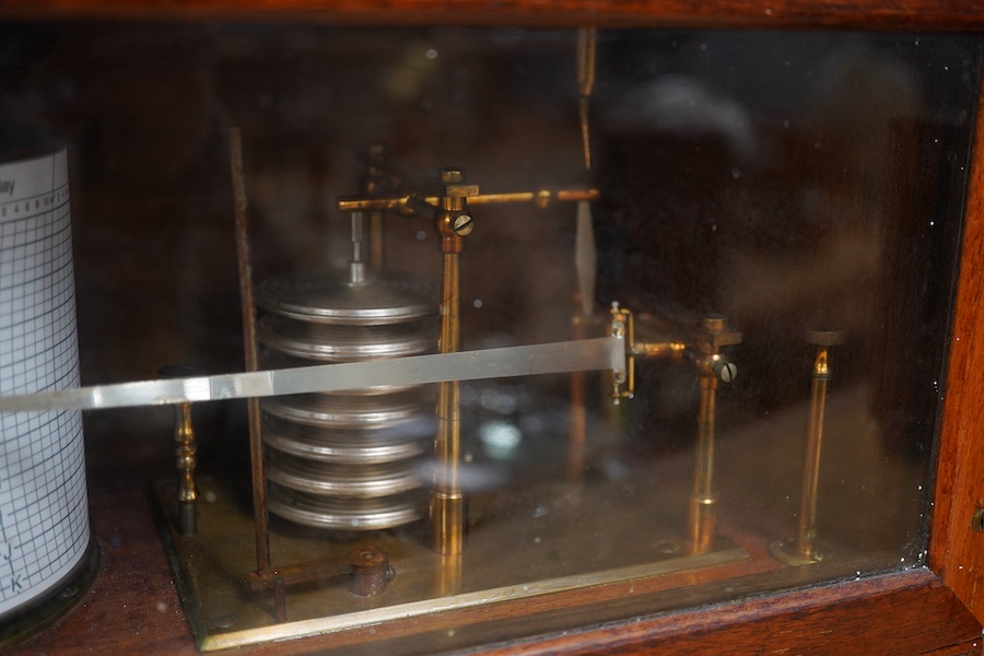A late 19th century mahogany cased barograph by Wilson, Warden & Co. Ltd., London, No.4839/45, with hinged lid and integrated pen drawer to the base, 32cm wide, 20cm high, 16cm deep